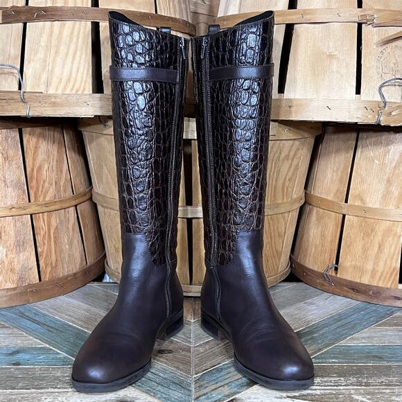 Clarks Hopedale Wish Brown Croc Embossed Leather Tall Riding Boots Womens Size 8 - Picture 7 of 16